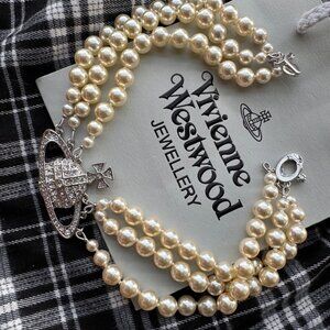 Women's Necklace Triple Pearl Choker Silver